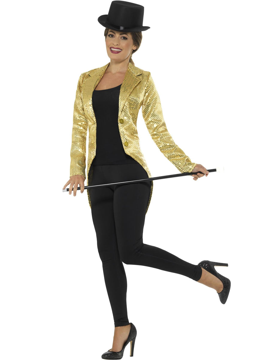 Womens Gold Sequin Tailcoat Costume Jacket - Front Image