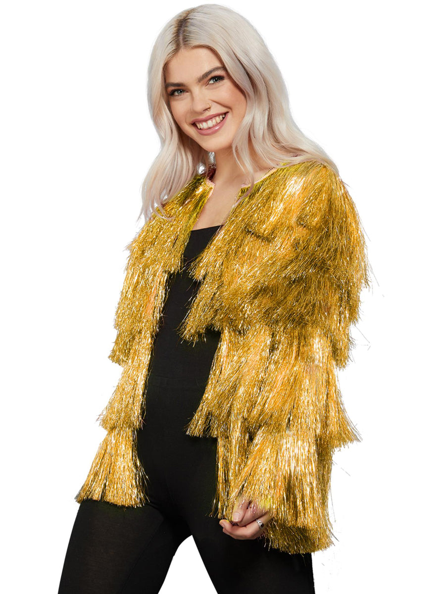 Plus Size Womens Gold Fringed Festival Costume Jacket - Main Image