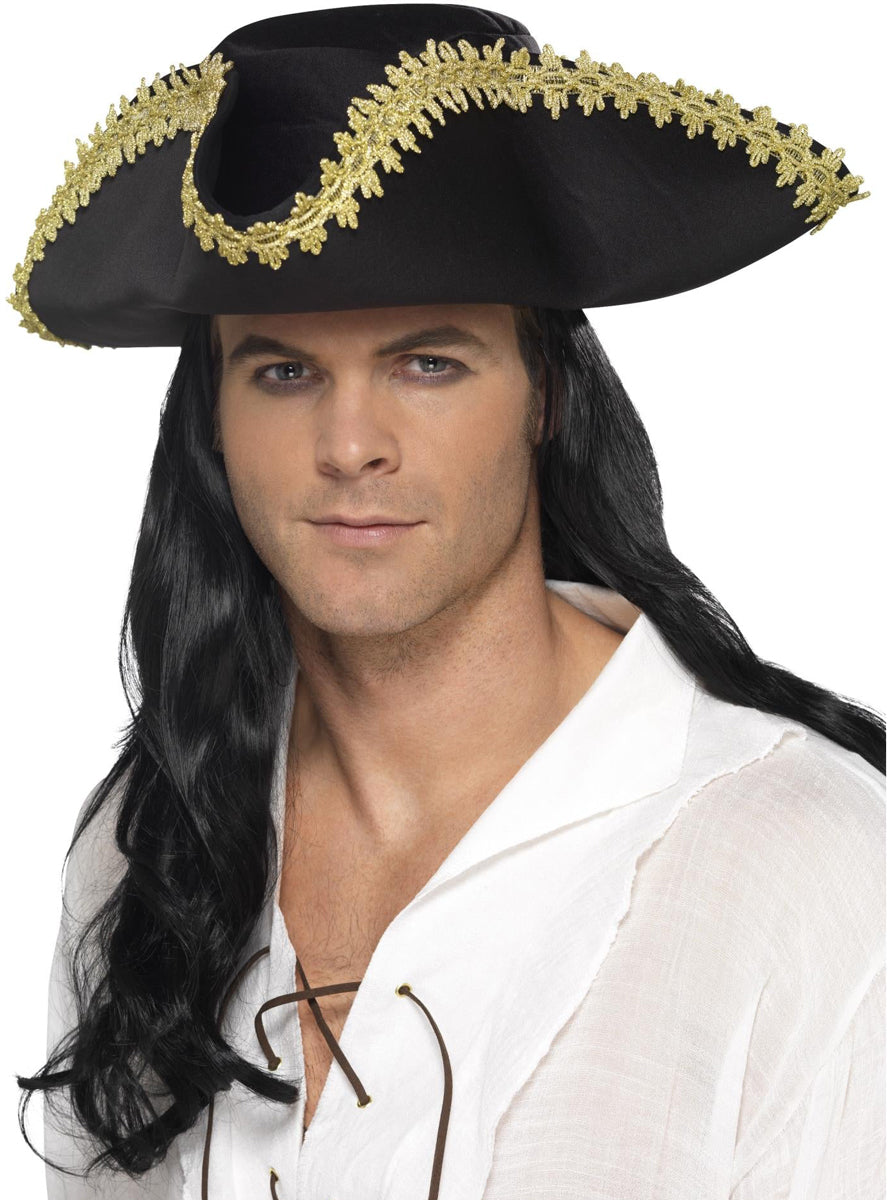 Black and Gold Tricorn Pirate Hat for Men