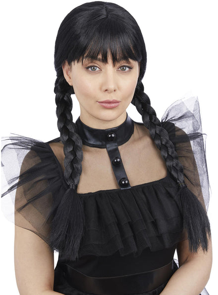 Wednesday Addams Womens Braided Black Costume Wig With Fringe - Main Image