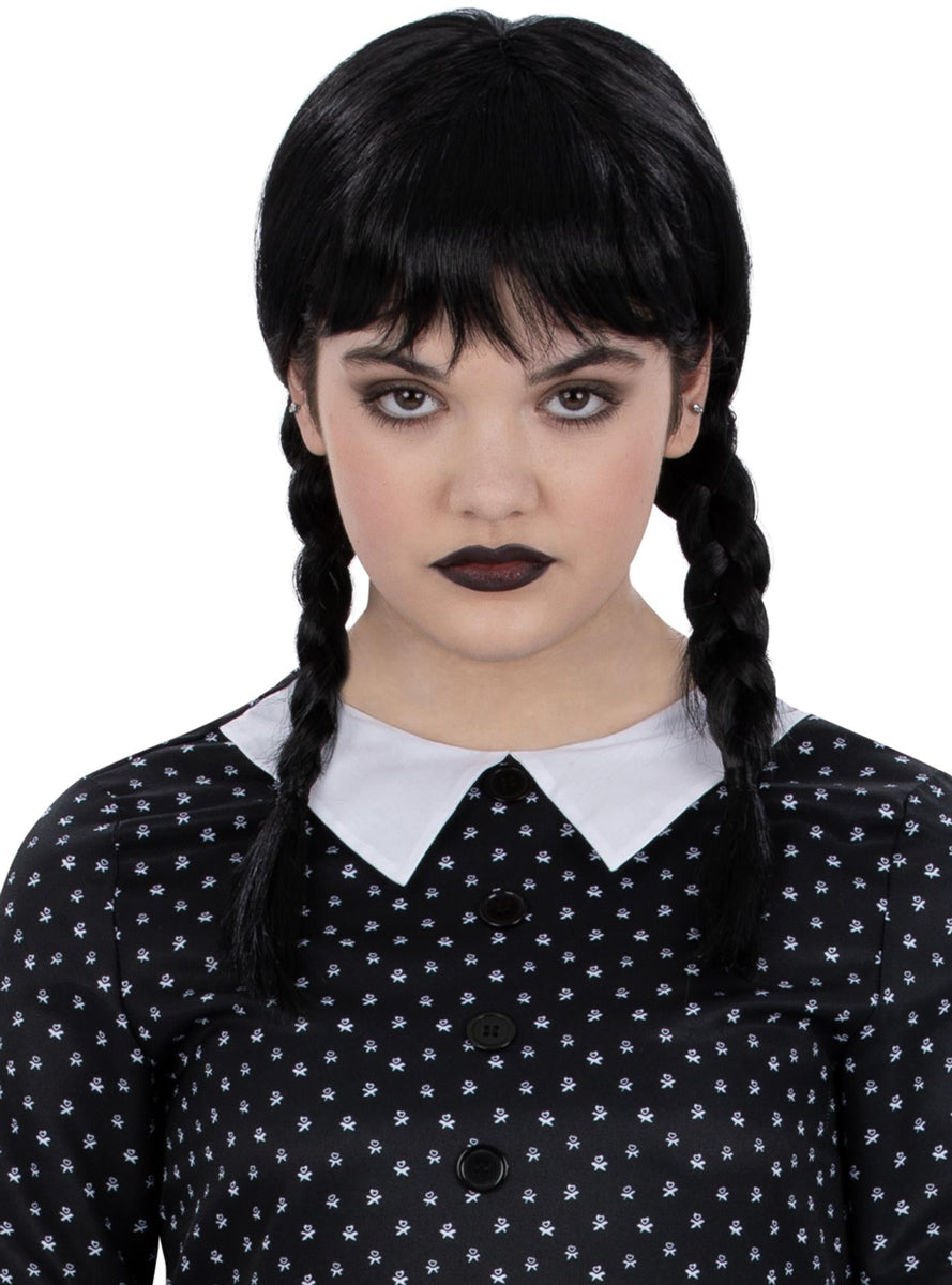 Wednesday Addams Girls Braided Black Costume Wig With Fringe - Main Image