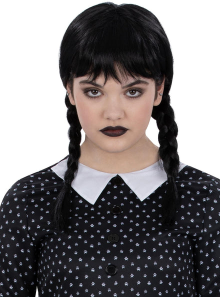 Wednesday Addams Girls Braided Black Costume Wig With Fringe - Main Image