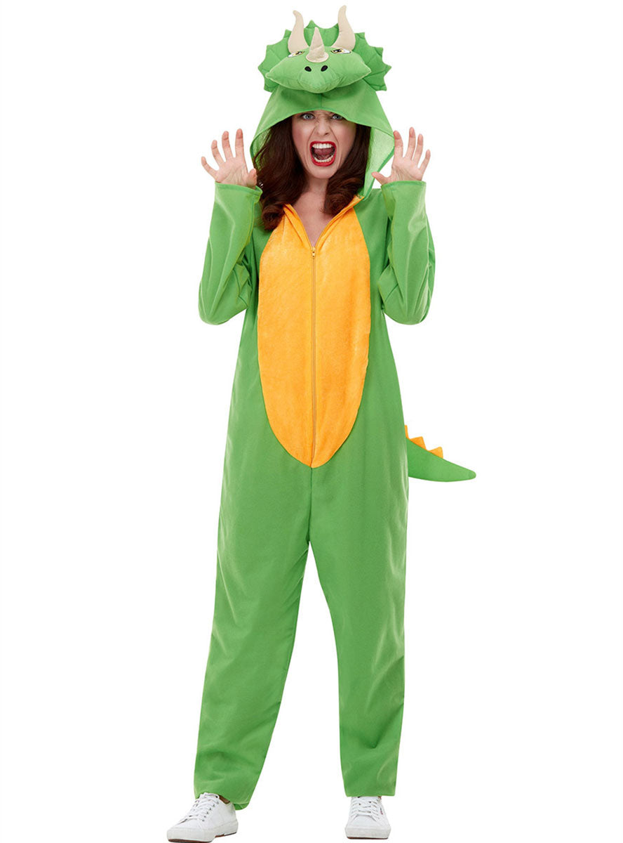 Image of Triceratops Green Dinosaur Womens Onesie Costume - Front View