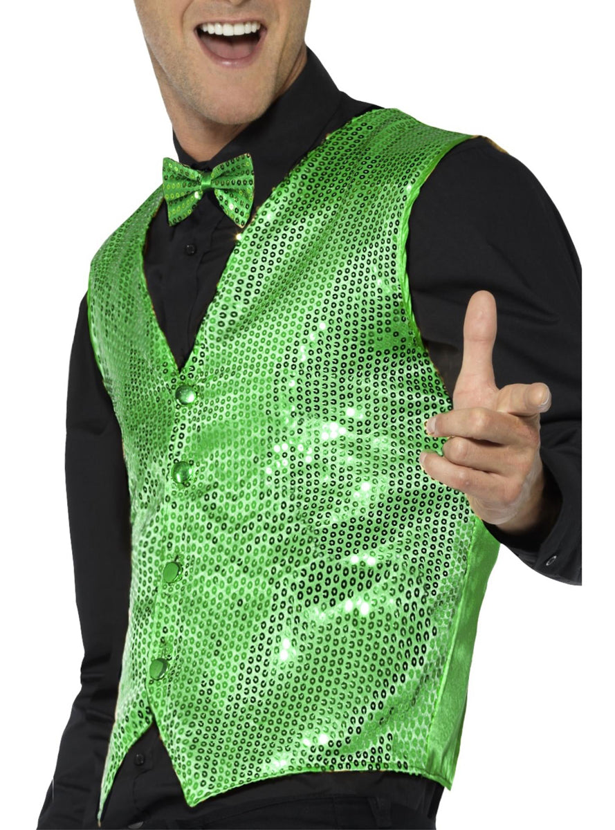 Mens Green Sequined Costume Vest - Close Image