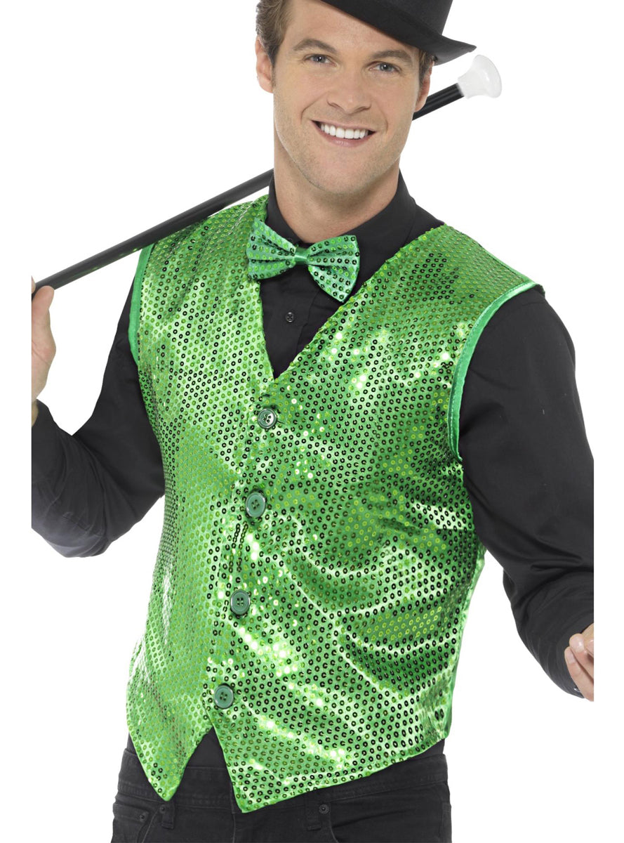 Mens Green Sequined Costume Vest - Main Image