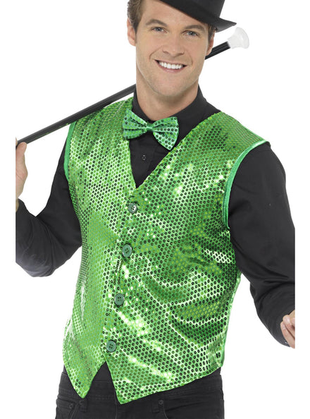 Mens Green Sequined Costume Vest - Main Image