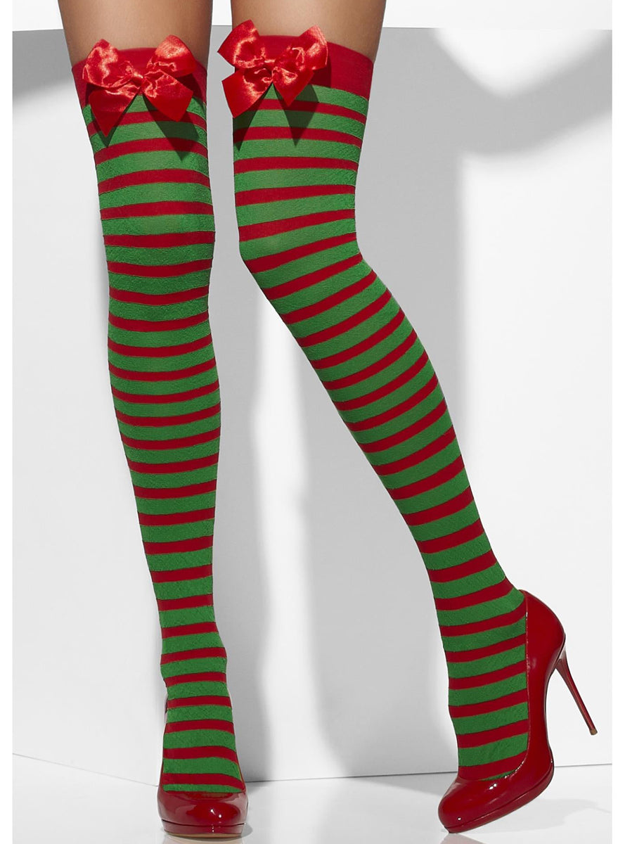 Striped Red and Green Womens Thigh High Stockings with Bows - Main Image
