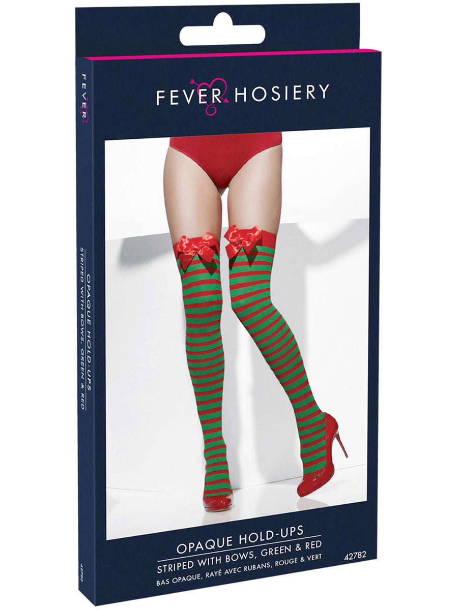 Striped Red and Green Womens Thigh High Stockings with Bows - Packaging Image