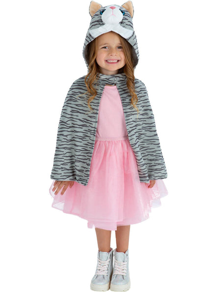 Girls Grey Kitten Plush Hooded Animal Costume Cape - Main Image