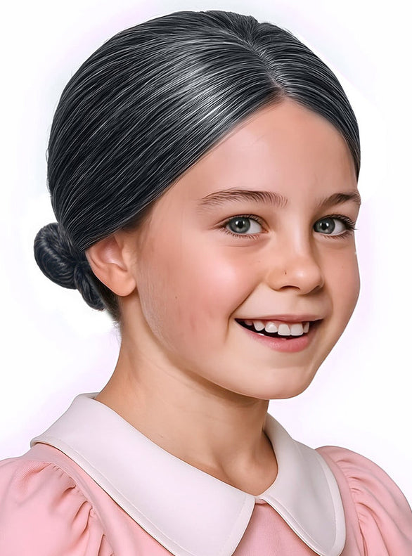 Grey Nana Bun Old Lady Costume Wig - Girls Image
