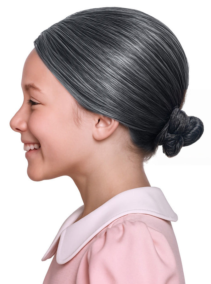 Grey Nana Bun Old Lady Costume Wig - Girls Side Image