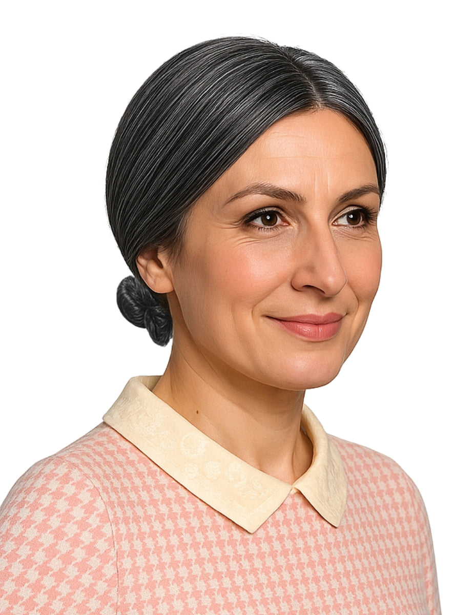 Grey Nana Bun Old Lady Costume Wig - Main Image