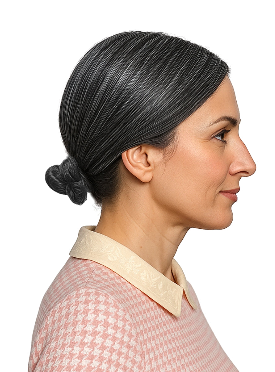 Grey Nana Bun Old Lady Costume Wig - Side Image