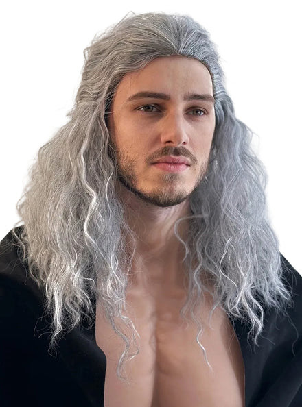 Grey Witcher Warrior Mens Wavy Costume Wig with Half Ponytail - Main Image