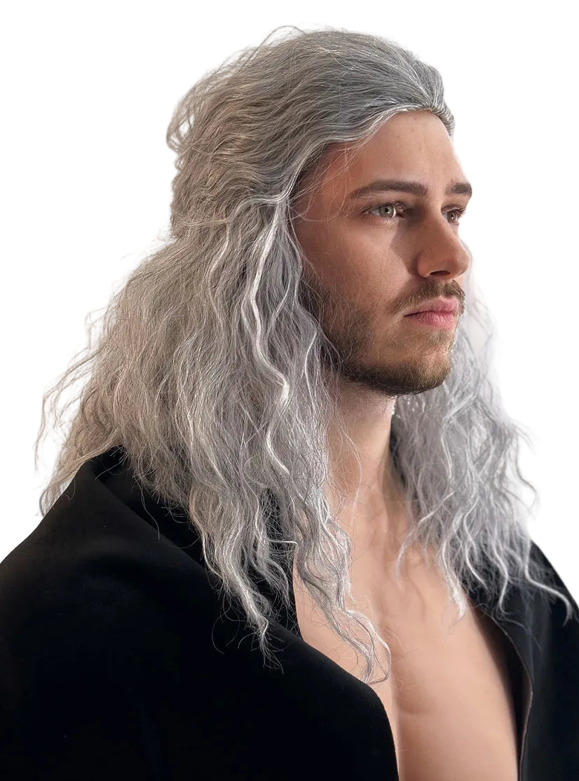 Grey Witcher Warrior Mens Wavy Costume Wig with Half Ponytail - Side Image