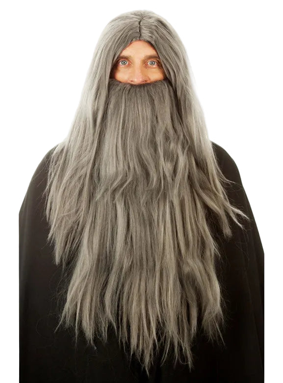 Grey Wizard Mens Long Costume Wig and Beard Set - Main Image