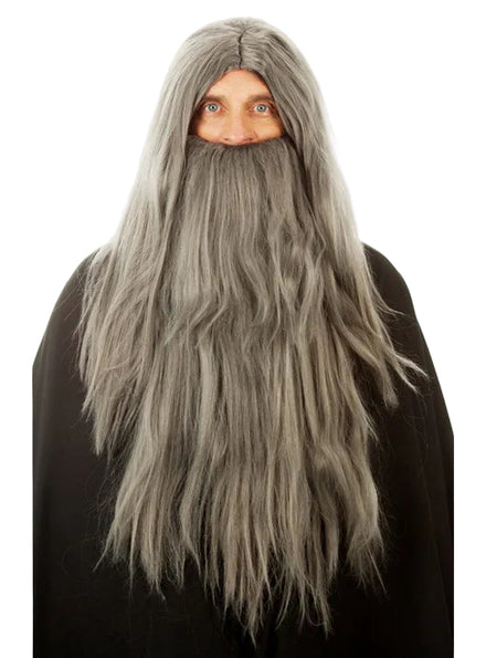 Grey Wizard Mens Long Costume Wig and Beard Set - Main Image