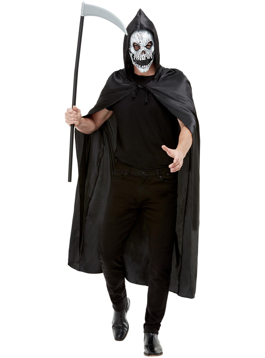 Grim Reaper Mens Black Cape Mask And Scythe Costume Accessory Set - Alternative Image