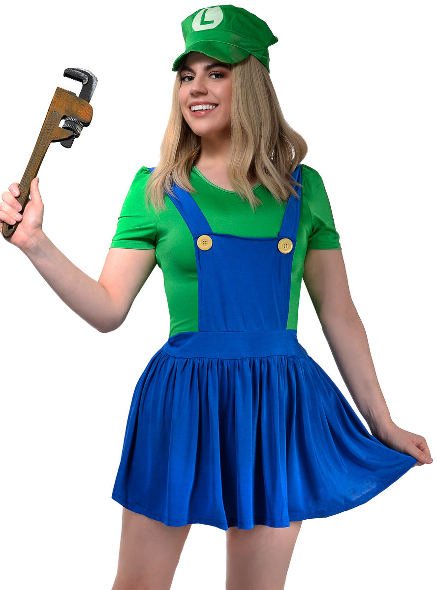 Super Green Plumber Womens Luigi Costume - Close Image