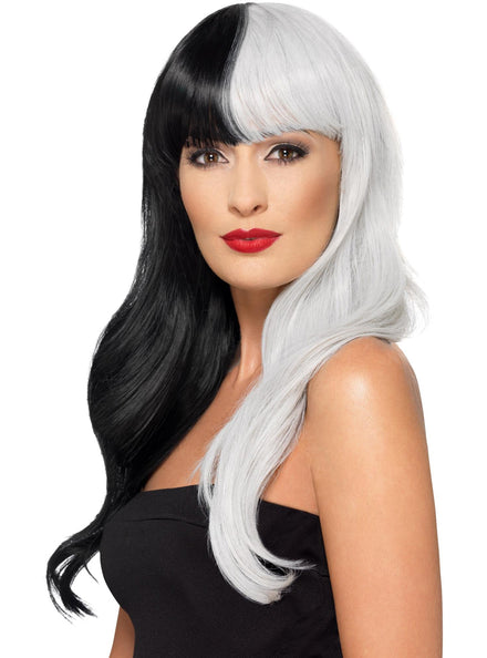 Half Black And White Womens Long Costume Wig With Fringe - Main Image