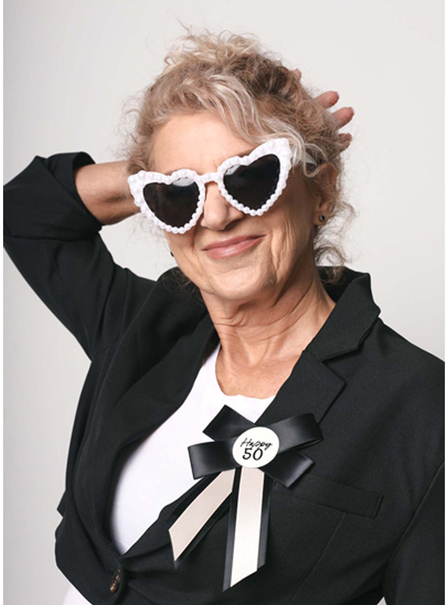 Happy 50th 17cm Black and White Rosette - Lifestyle Image 1