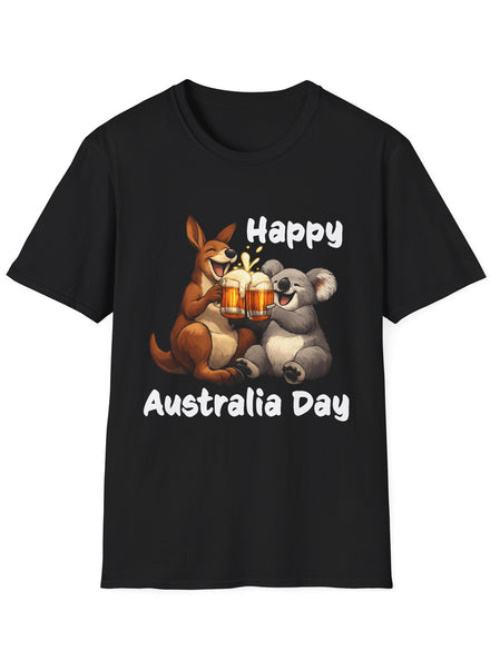 Adults Black Plus Size T-Shirt with Happy Australia Day Drinking Koala and Kangaroo Print