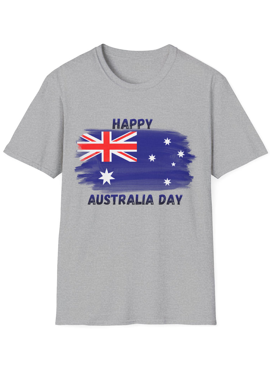 Adults Grey T-Shirt with Happy Australia Day Flag Print