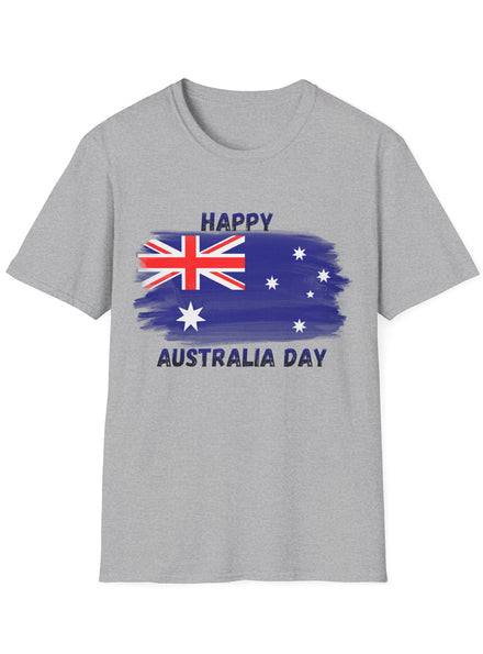 Adults Grey T-Shirt with Happy Australia Day Flag Print
