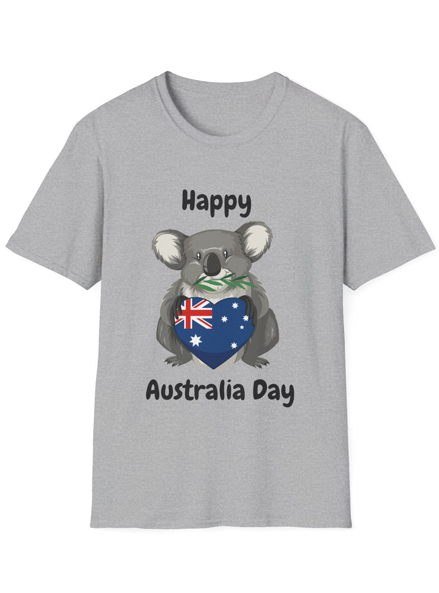 Adults Grey Plus Size T-Shirt with Happy Australia Day Koala with Heart Print