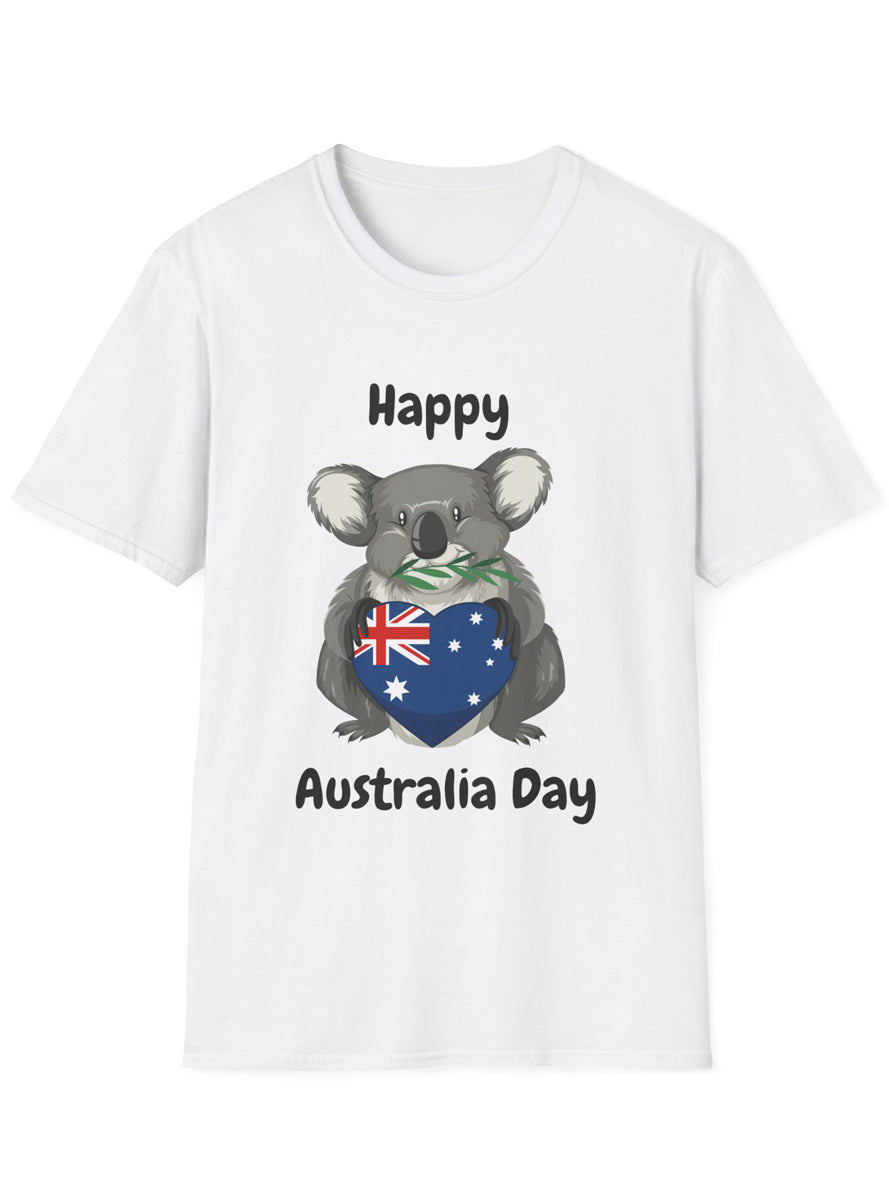 Adults White T-Shirt with Happy Australia Day Koala with Heart Print