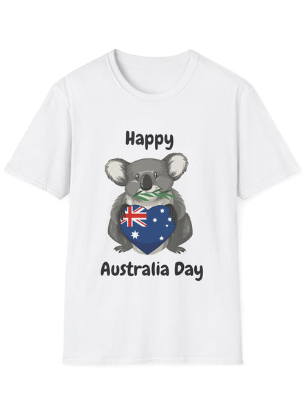Adults White T-Shirt with Happy Australia Day Koala with Heart Print