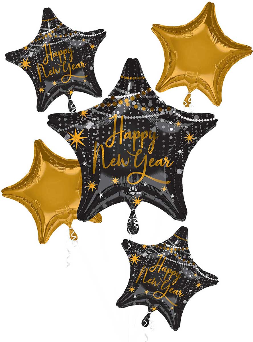 Midnight Hour Star Shaped Happy New Year 5 Pack Foil Balloons