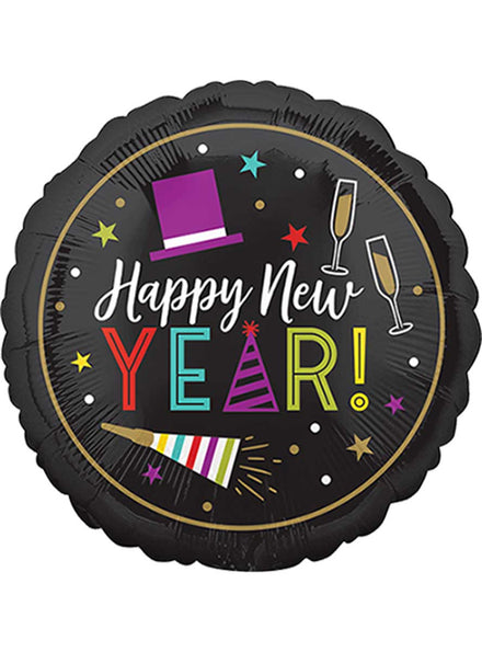 Black Round 45cm Happy New Year Self Sealing Foil Balloon