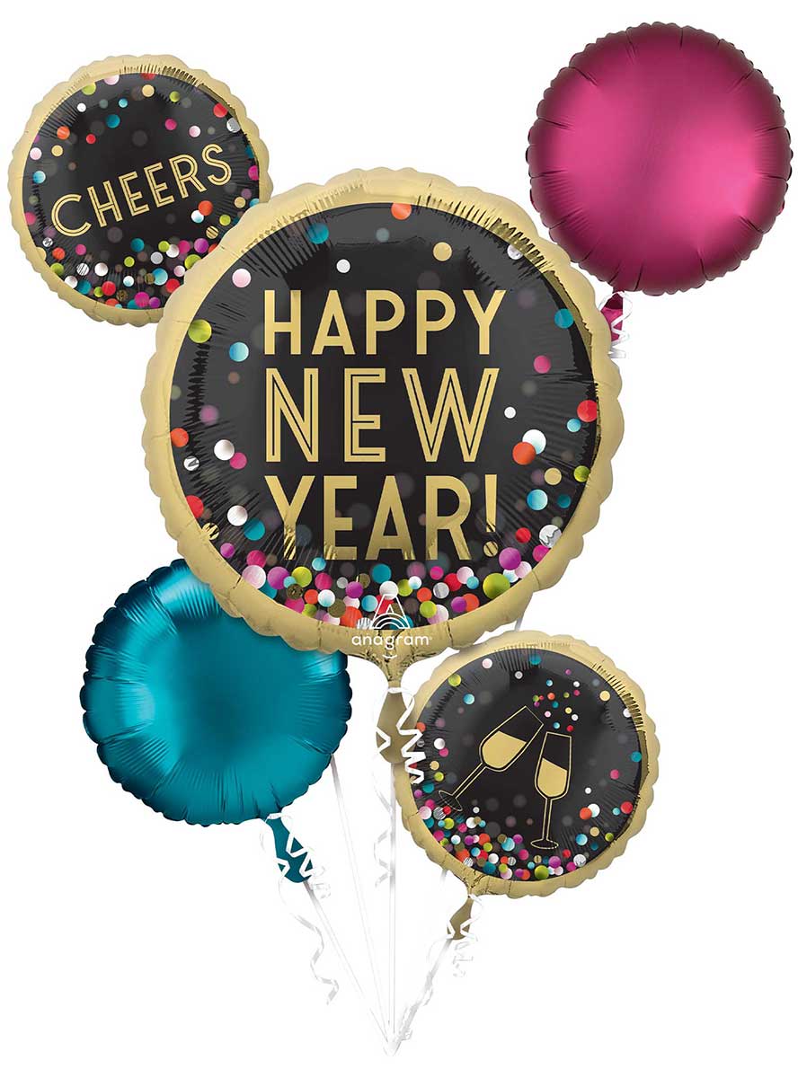 Colourful Confetti 5 Pack Happy New Year Round Foil Balloons