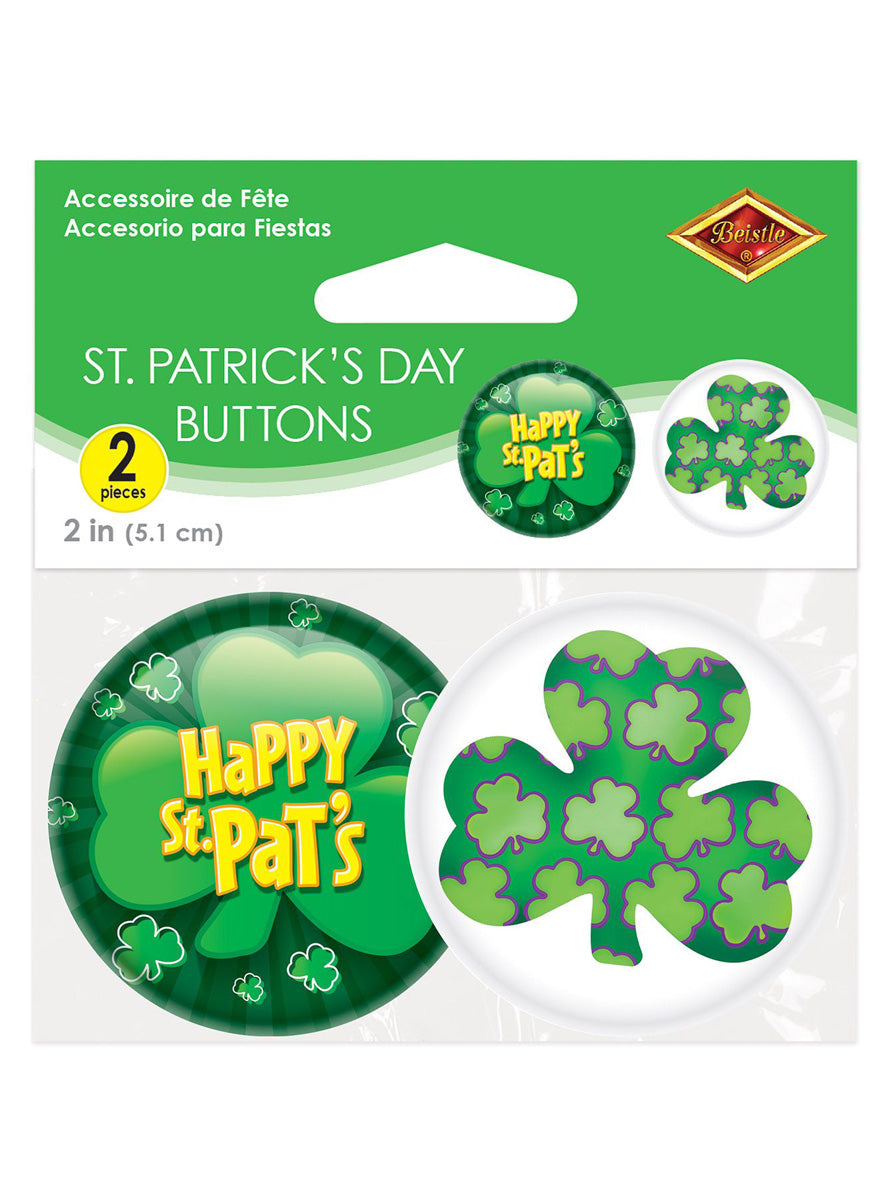 Happy St Pats 2 Pack Green Shamrock Badges - Packaging Image