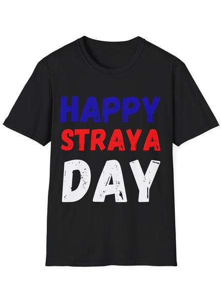 Adults Plus Size Black T-Shirt with Happy Straya Day Print