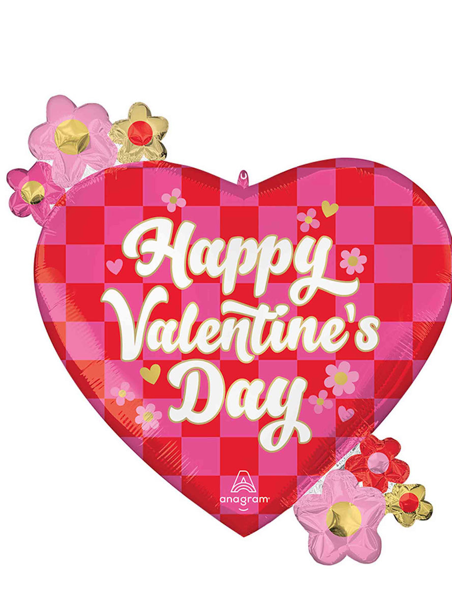Happy Valentines Day Checkerboard Heart Shaped Supershape Foil Balloon - Main Image