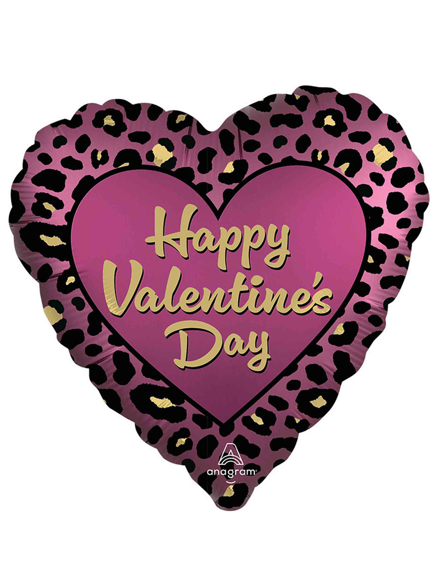 Happy Valentines Day Leopard Luxe 45cm Heart Shaped Satin Foil Balloon - Main Image