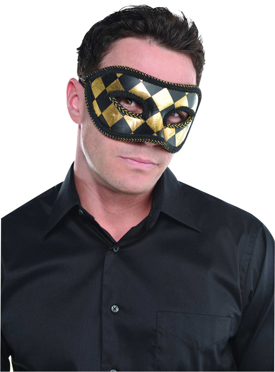 Main image of Harlequin Mens Black and Gold Checkered Masquerade Mask