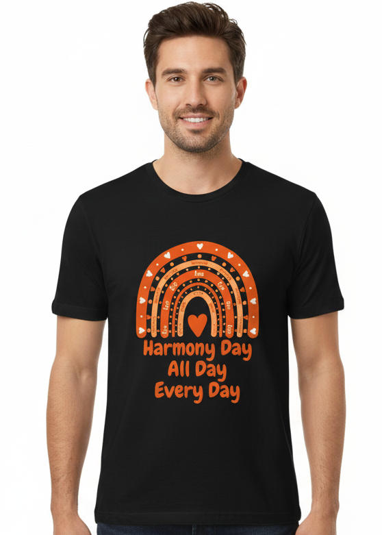 Adults Black T-Shirt with Harmony Day All Day Every Day Print Main Image