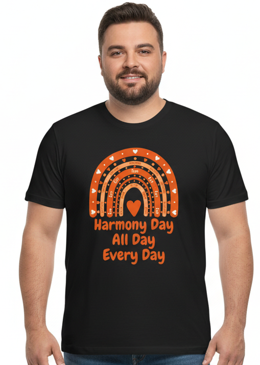 Adults Plus Size Black T-Shirt with Harmony Day All Day Every Day Print Main Image
