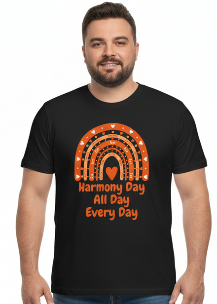 Adults Plus Size Black T-Shirt with Harmony Day All Day Every Day Print Main Image
