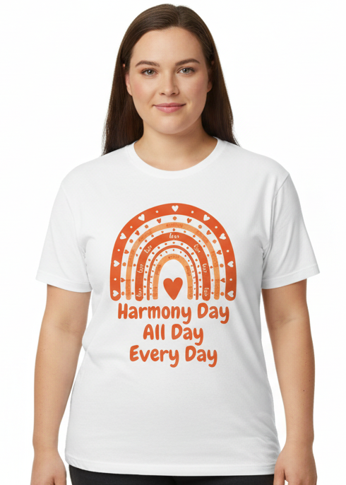 Adults Plus Size White T-Shirt with Harmony Day All Day Every Day Print Main Image