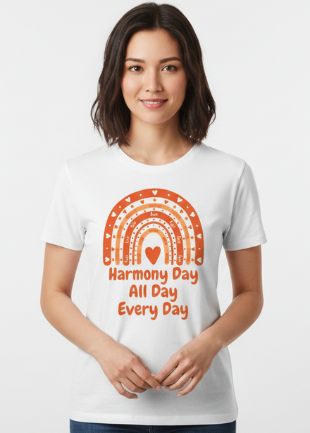 Adults White T-Shirt with Harmony Day All Day Every Day Print Main Image