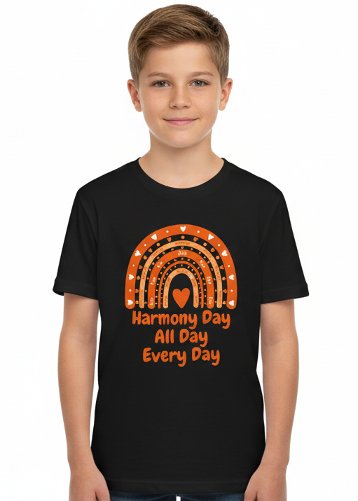 Kids Black T-Shirt with Harmony Day All Day Every Day Print Main Image