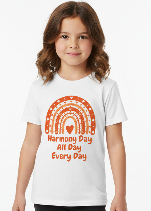 Kids White T-Shirt with Harmony Day All Day Every Day Print Main Image