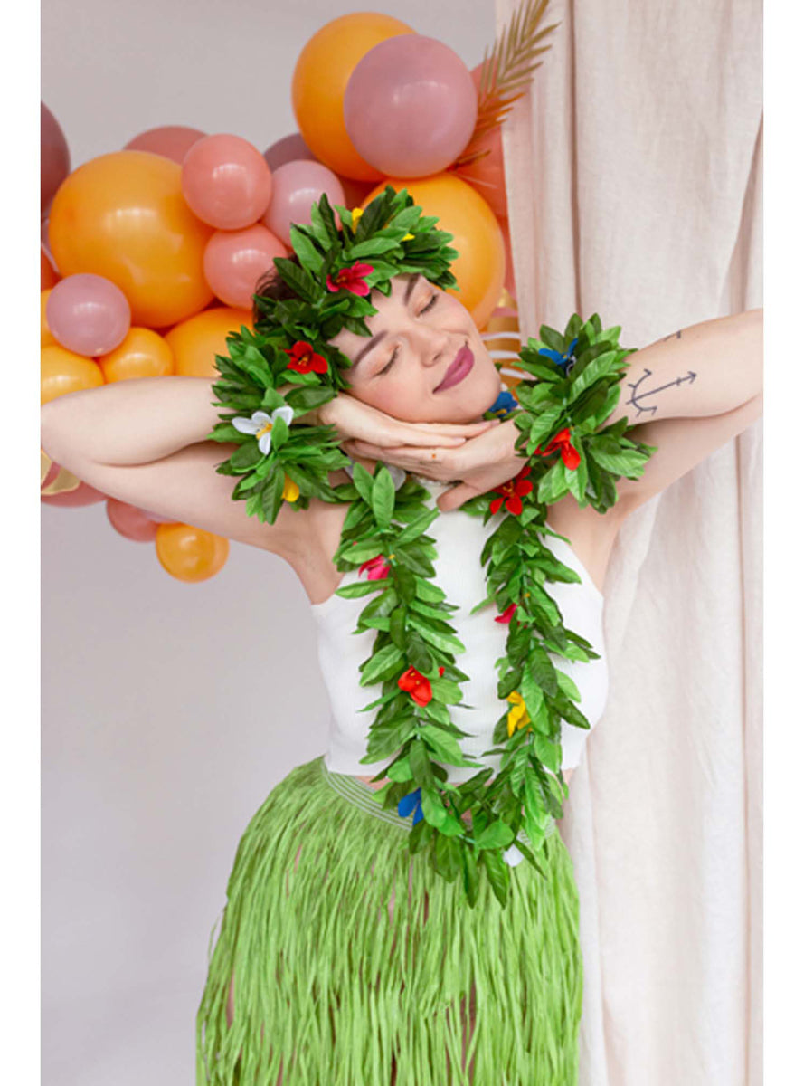 Hawaiian Leis Necklace Headband and Bracelet Costume Accessory Set - Lifestyle Image 1