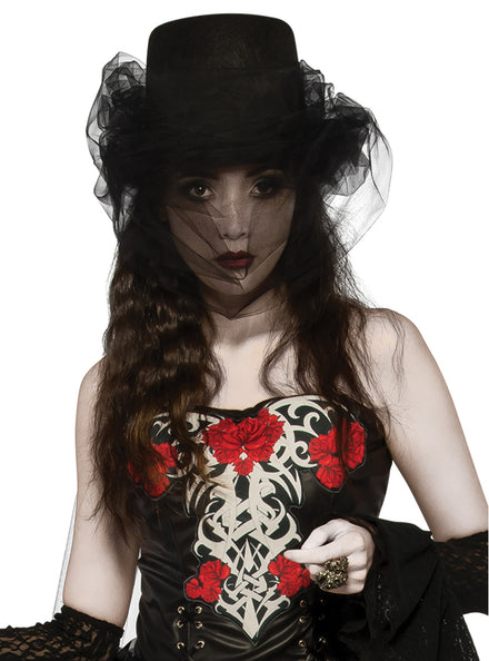 Womens Black Halloween Costume Top Hat With Veil - Main Image