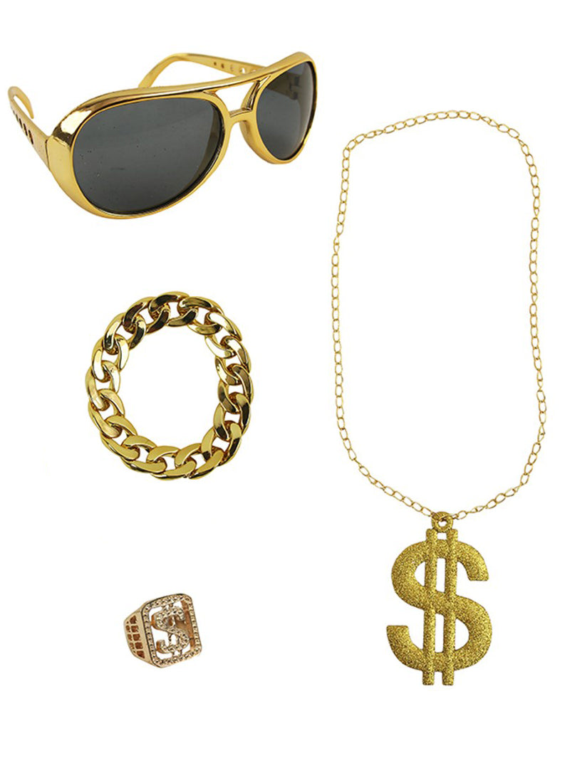 Gold Hip Hop Accessory Set | Costume Glasses and Jewellery Set