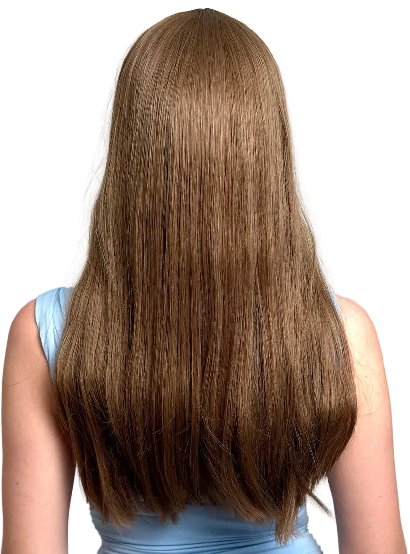 Holly Womens Long Brown Heat Resistant Fashion Wig with Fringe - Back Image